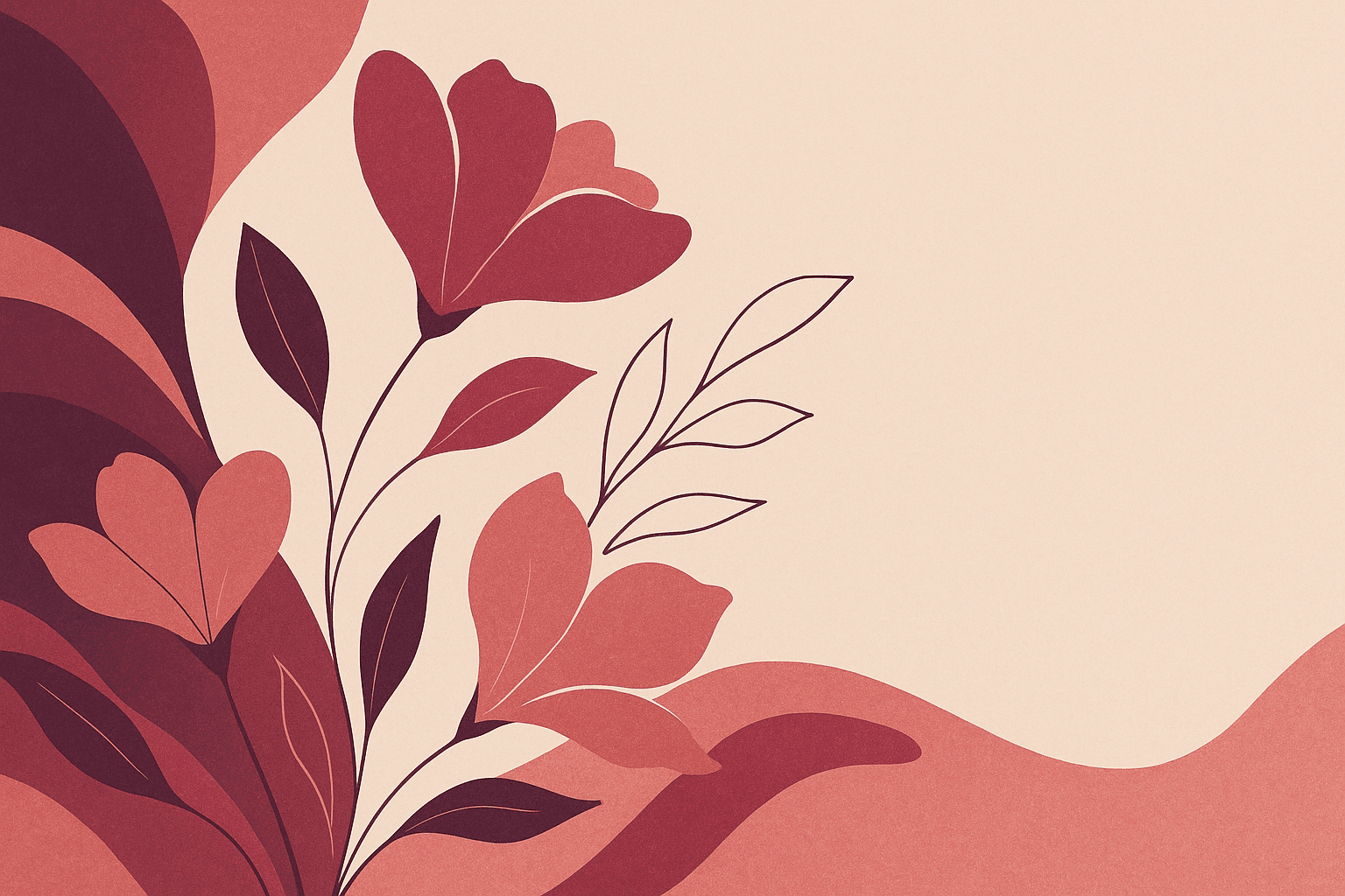 Ilustración botánica con flores y hojas en tonos ciruela y coral